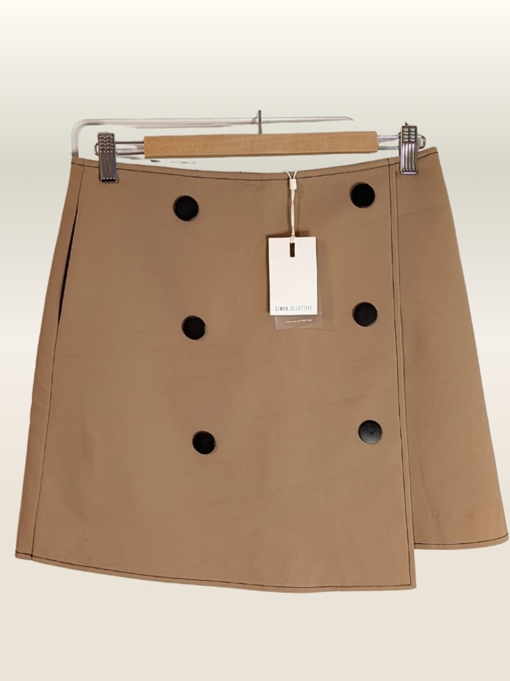 Tan Faux Leather Asymmetrical Wrap Mini Skirt Edgy Utility Chic M NWT C/MEO